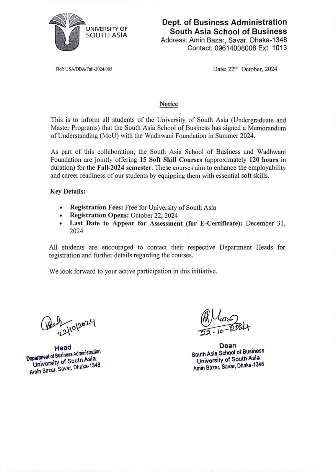 South Asia SChool of Dusiness hos signed a Memorondum of Understanding